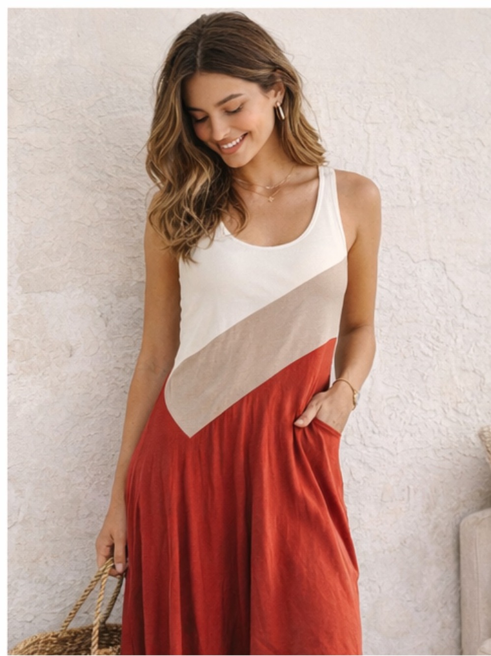 Anthropologie Maeve Cameron Dress medium orange red colorblock Rib  Asymmetrical